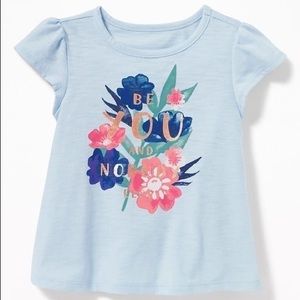 Old Navy Blue Girls Top with Flowers and Quote “Be You and Nobody Else” Size 5T
